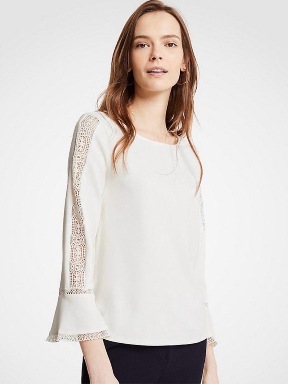 Ann Taylor Cream Lace-Trim Bell Sleeve Blouse